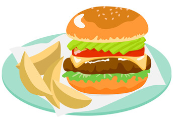 ブルーの皿に盛ったアボカドハンバーガーとフライドポテト