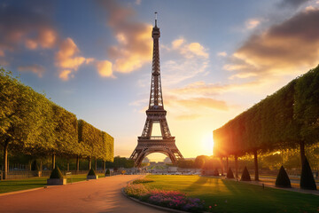 eiffel tower at sunset in paris - obrazy, fototapety, plakaty