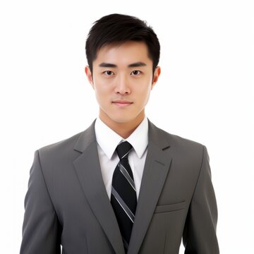 a closeup photo portrait of a handsome young asian company office worker business man smiling and looking straight. used for a ad. isolated on white background. square format. Generative AI