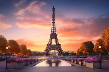 Fotobehang eiffel tower at sunset in paris © Salawati