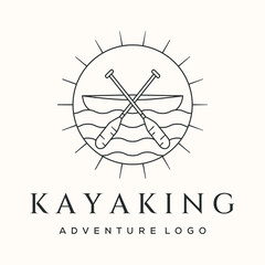 kayak nature view line art logo vector minimalist illustration design, adventure kayak symbol design