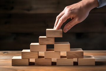 strategy enhancement scenario where a person is carefully placing wooden blocks to build a pyramid, symbolizing the meticulous planning and execution required in business