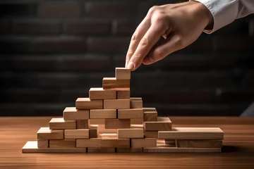 Foto op Plexiglas strategy enhancement scenario where a person is carefully placing wooden blocks to build a pyramid, symbolizing the meticulous planning and execution required in business © manof