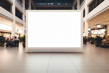 blank white billboard standing in the center of a spacious and well-lit shopping mall, ready for customized advertising content. The billboard is rectangular