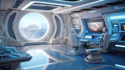 Papier Peint photo UFO Spaceship futuristic interior with view on exoplanet