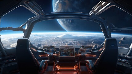 Spaceship futuristic interior with view on exoplanet - obrazy, fototapety, plakaty