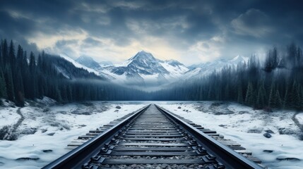 Empty Railroad Track Through a Foggy Snowy Forest in Winter - Powered by Adobe