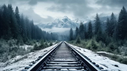 Foto op Plexiglas Empty Railroad Track Through a Foggy Snowy Forest in Winter © Kowit