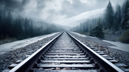 Fototapeta premium Empty Railroad Track Through a Foggy Snowy Forest in Winter
