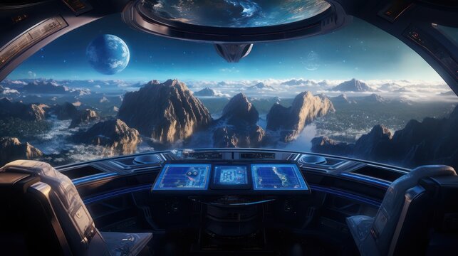 Spaceship futuristic interior with view on exoplanet