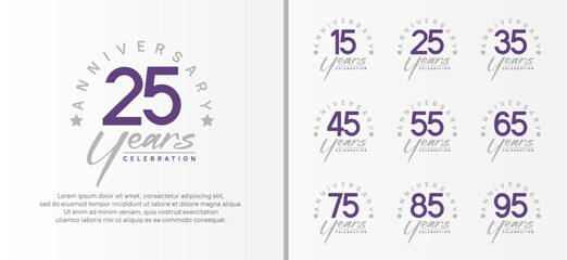set of anniversary logo flat purple color number and gray text on white background for celebration - obrazy, fototapety, plakaty
