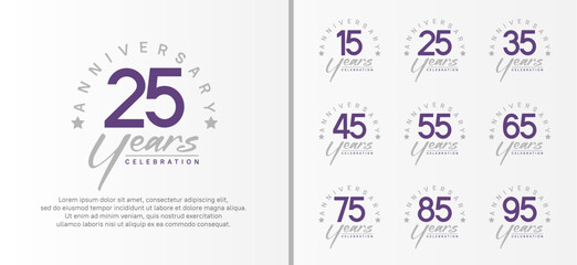 set of anniversary logo flat purple color number and gray text on white background for celebration