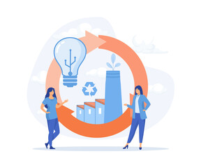 Circular economy and energy production, people holding cycle sign with power factory, manufacturing circulation process in industry, flat vector modern illustration