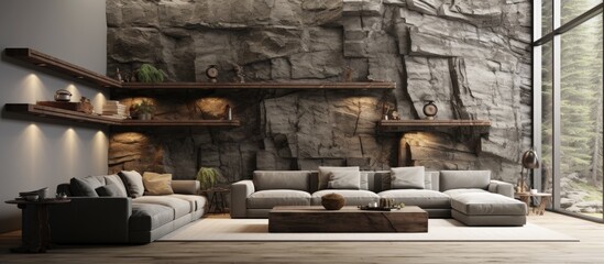 a modern living room with a rock wall