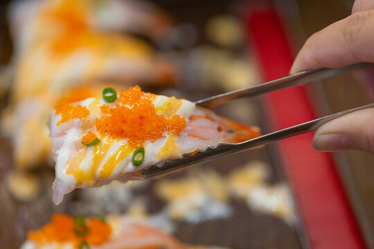 Sushi and sashimi food Japanese style in the restaurant, beautifully arranged dishes