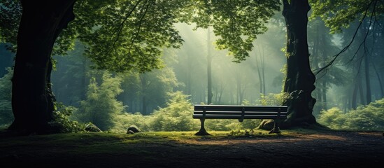 Inviting bench amid serene forest dreamlike atmosphere peaceful view