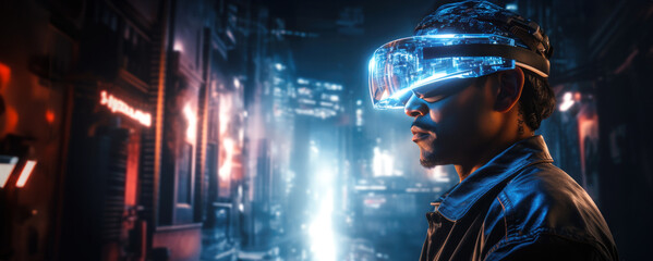 African American man wearing glowing VR glasses in the future background.