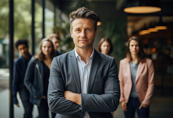 manager stands with other employees in the background, office stock photo