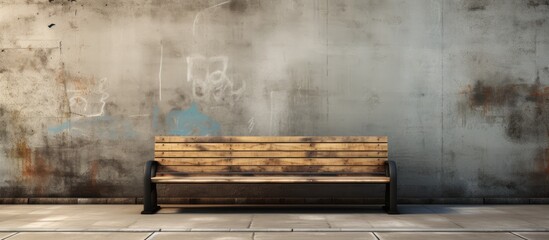 Grunge wall with blank billboard bench rendering - obrazy, fototapety, plakaty