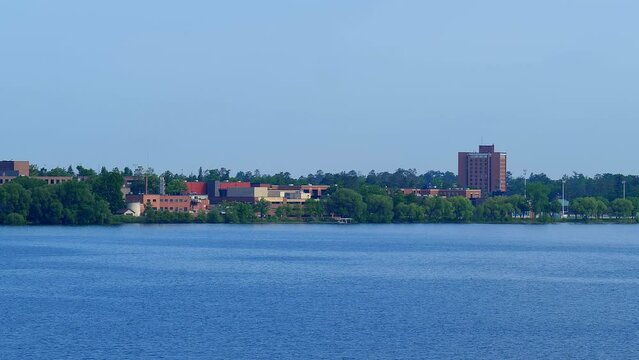 The campus of Bemidji State University, BSU, on shore of Lake Bemidji in Minnesota is seen from across the lake.