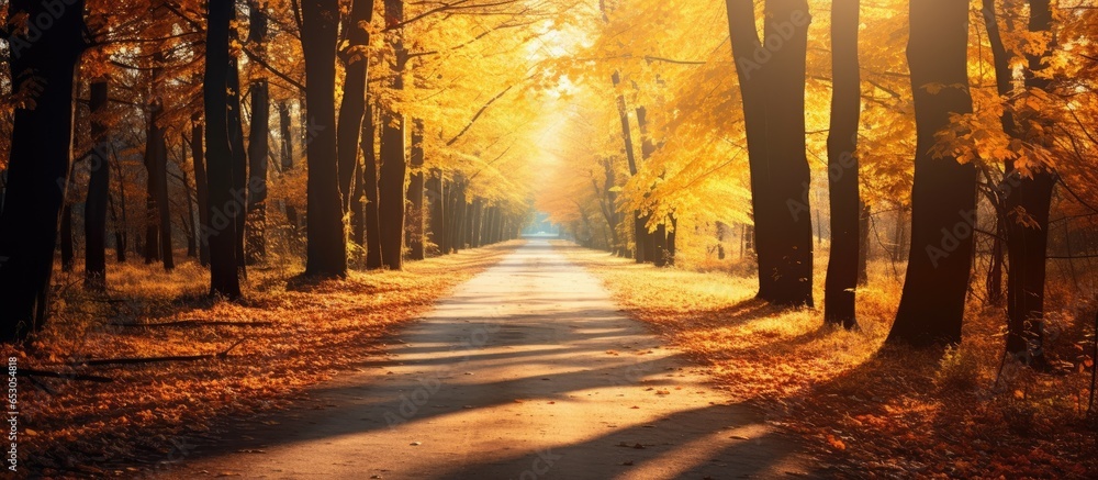 Poster autumn forest landscape with sunlight filtering through trees on a path in a natural park