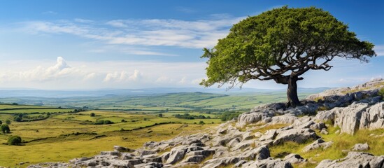 Burren National Park in Ireland showcases the vast karst limestone landscape including the view of...