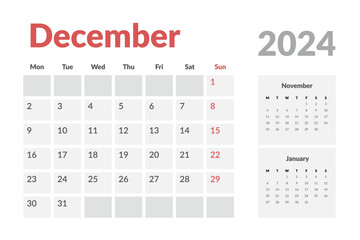 Calendar Template of december 2024. Vector layout simple calendar with week start Monday.