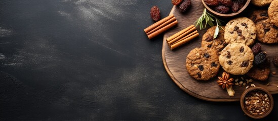 Tasty vegan oatmeal cookies with dates nuts and flaxseed on a wooden board top view - obrazy, fototapety, plakaty