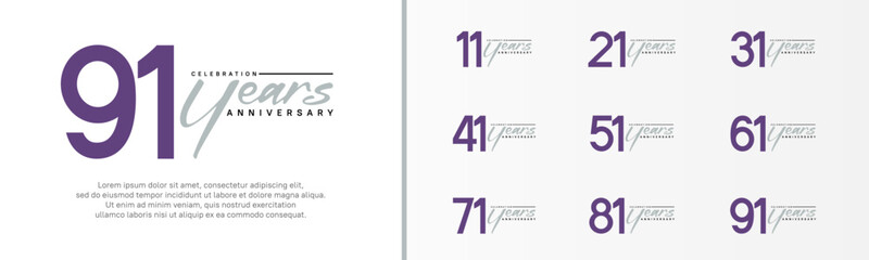 set of anniversary logo purple color number and gray text on white background for celebration