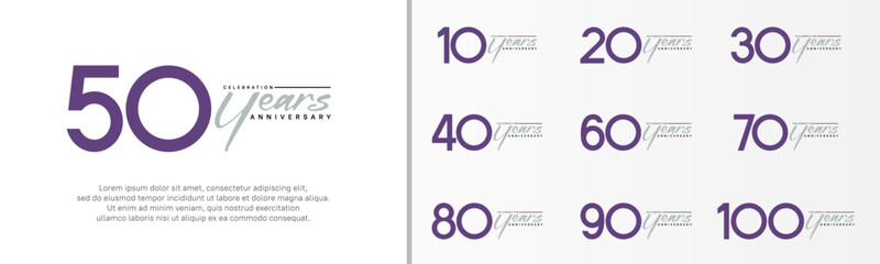 set of anniversary logo purple color number and gray text on white background for celebration