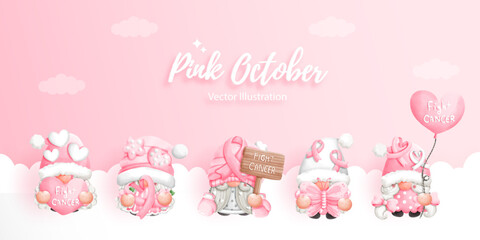 Pink October gnome, Watercolor Illustration, Paper cut Vector illustration