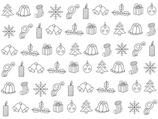 Christmas icon set with snowflakes, hats, star, Christmas tree, balls, orange, sock, gift, drink and garlands. Vector icons for business and holidays