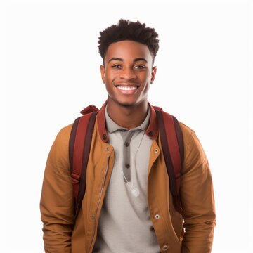 A Closeup Photo Portrait Of A Handsome Young Black African American School Boy Student Smiling And Looking Straight. Used For A Ad. Isolated On White Background. Square Format. Generative AI