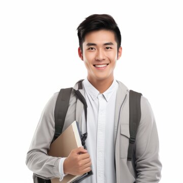 a closeup photo portrait of a handsome young asian school boy student smiling and looking straight. used for a ad. isolated on white background. square format. Generative AI
