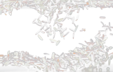 Japanese Riceberry flying explosion, white grain rices berry fall abstract fly. Beautiful complete seed jasmine riceberry splash in air, food object. Black background isolated series two of images