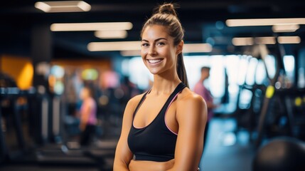 Fototapeta na wymiar Close up image of attractive fit woman in gym. Portrait of a smiling sportswoman in gray sportswear showing her thumb up and her biceps over the gym background.