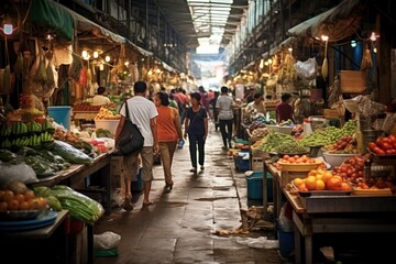 Fresh food bazaar. diverse vendors, bustling market, colorful produce.