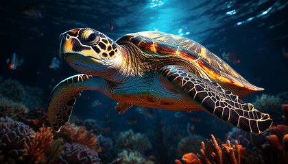 Underwater, a turtle swims in the blue sea generated by AI
