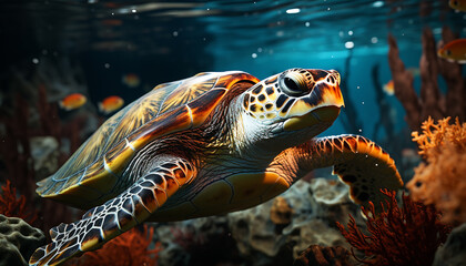 Naklejka na ściany i meble A beautiful blue sea turtle swimming in tropical waters generated by AI