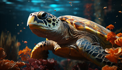 Naklejka na ściany i meble A cute turtle swimming in the blue sea generated by AI