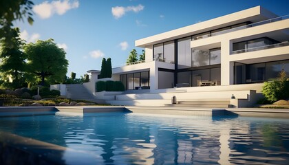 Fototapeta na wymiar Stunning modern multi-story house with pool and beautiful trees