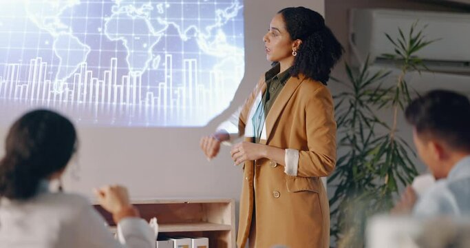 Projector, presentation and business woman teaching, talking and answer global trading, finance or globalization questions. Audience feedback, worldwide map or mentor coach team on world economy data