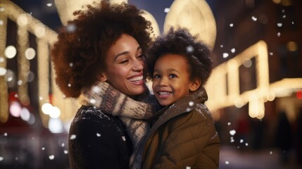 A joyous mixed-race black mother and her child share a heartwarming moment in the city square. The ambiance captures the festive spirit of the winter season. - obrazy, fototapety, plakaty