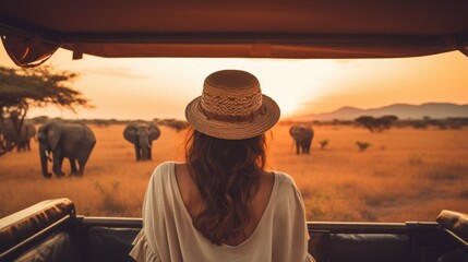 A woman confidently stands atop a safari vehicle, taking in the grandeur of the vast African savanna. An elephant grazes in the distance under the warm summer sun, encapsulating the essence of a wild. - obrazy, fototapety, plakaty