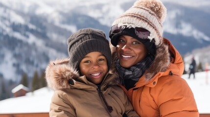 Fototapeta na wymiar Mother with kid smiling, both wearing beanies and coats, standing at a ski resort. Clad in winter clothes, they enjoy the scenic view of mountains, forests, and snow. It encapsulates the winter snow