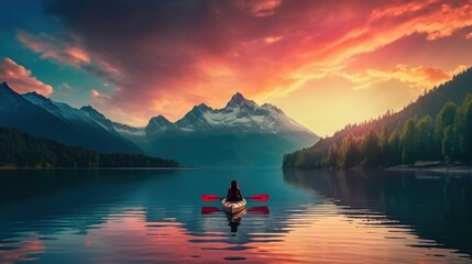 woman kayaking with a view of the mountains on a sunset generative ai - obrazy, fototapety, plakaty