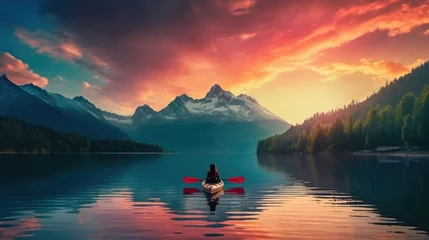 Foto op Canvas woman kayaking with a view of the mountains on a sunset generative ai © Francheska