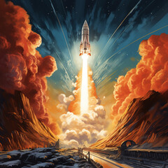 rocket ship launching in a retro illustration - obrazy, fototapety, plakaty