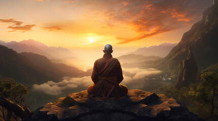 meditation in the mountains in a beautiful sunrise - Buddhist monk meditating in a mountain peak with clouds and god rays