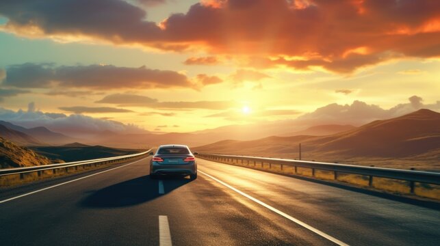 car on a lonely road, in the middle of a sunset generative ai